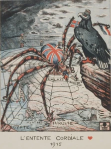 Propaganda alemã crítico ao Imperialismo Inglês. Apresenta a Grã-Bretanha como uma aranha que tudo enreda e devora.