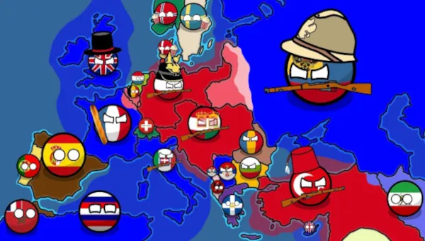 Imagem ilustrativa dos countryballs. Aqui, o mapa da Europa na Primeira Guerra. Extraída do vídeo https://www.youtube.com/watch?v=gsuv7lo6fsQ.