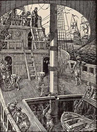 Gravura de Alfredo Roque Gameiro (1864-1935) mostra o interior de uma nau portuguesa.