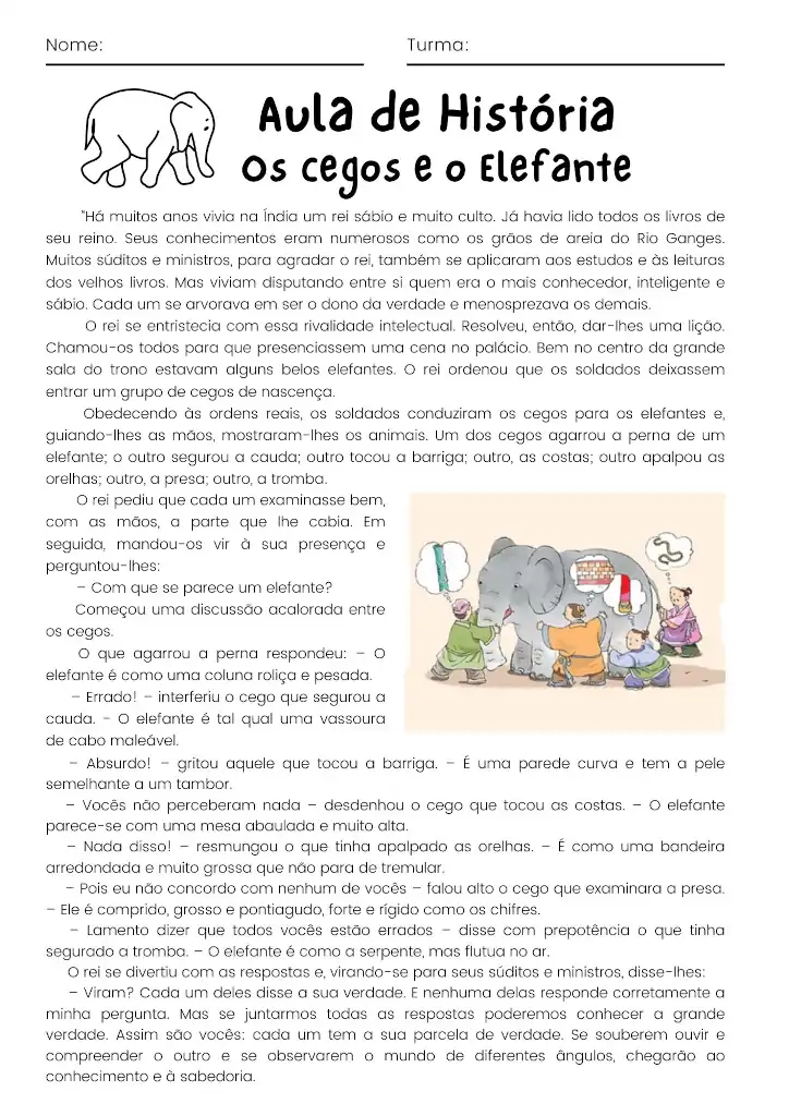 Texto para atividade no primeiro dia de aula de história. Conto chinês: os cegos e o elefante.