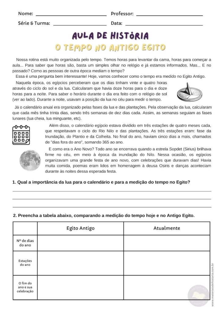 Tarefa sobre o tempo no Egito. Prontas para imprimir. Anos Iniciais. EF05HI08