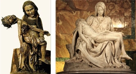 Comparação entre duas esculturas da Pietà.