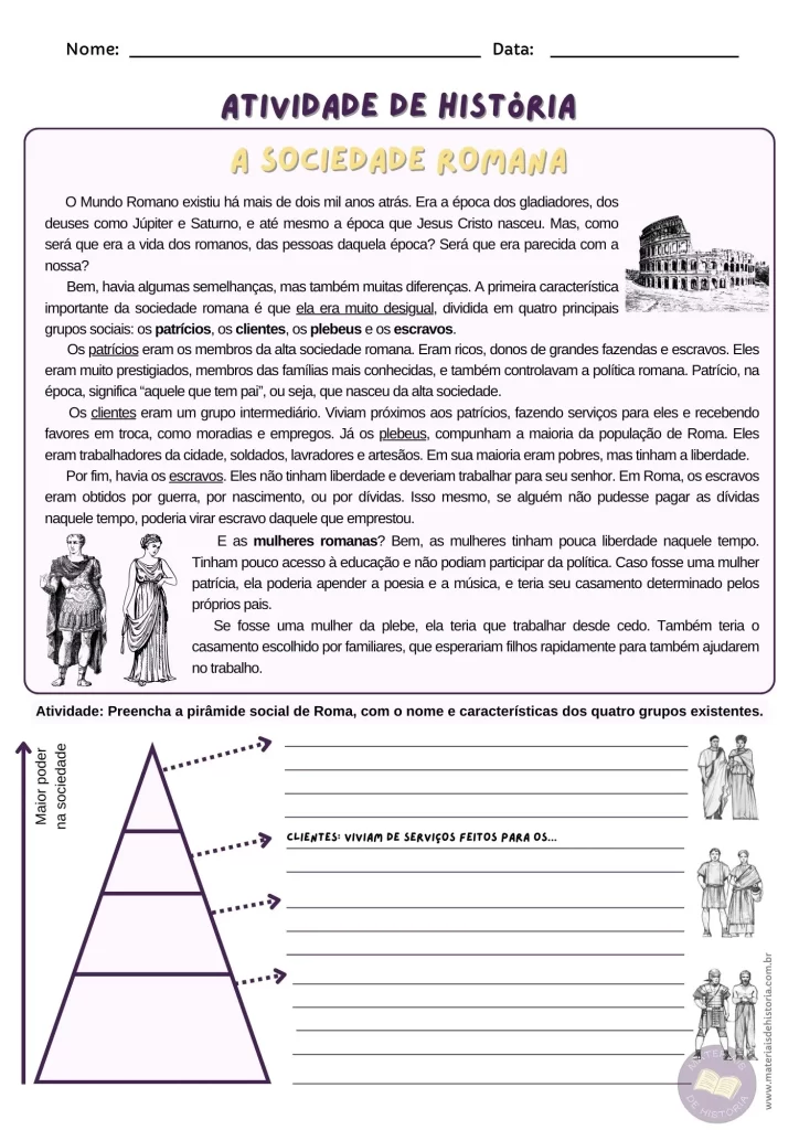 Atividade de história sobre Roma para sextos anos.