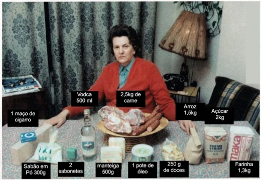 A foto mostra um conjunto de produtos alimentares obtidos por cupons na década de 1980. (Foto. Wojtek Laski /Notícias do Leste)