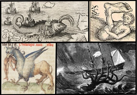 d) Imagens de época sobre as criaturas marítimas. Na coluna acima, um peixe colossal e um ciapodo. Abaixo, um hipógrifo e um kraken atacando uma embarcação.