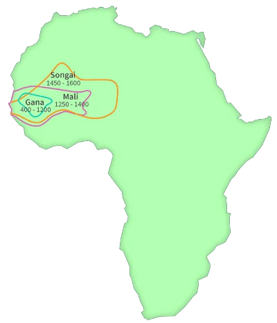 Mapa com os reinos históricos da África Ocidental.