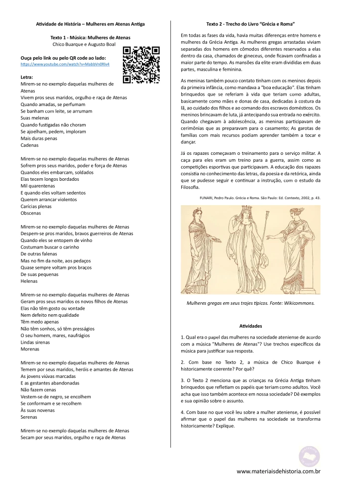 Atividade sobre as Mulheres Na Grécia Antiga para o Ensino Médio.