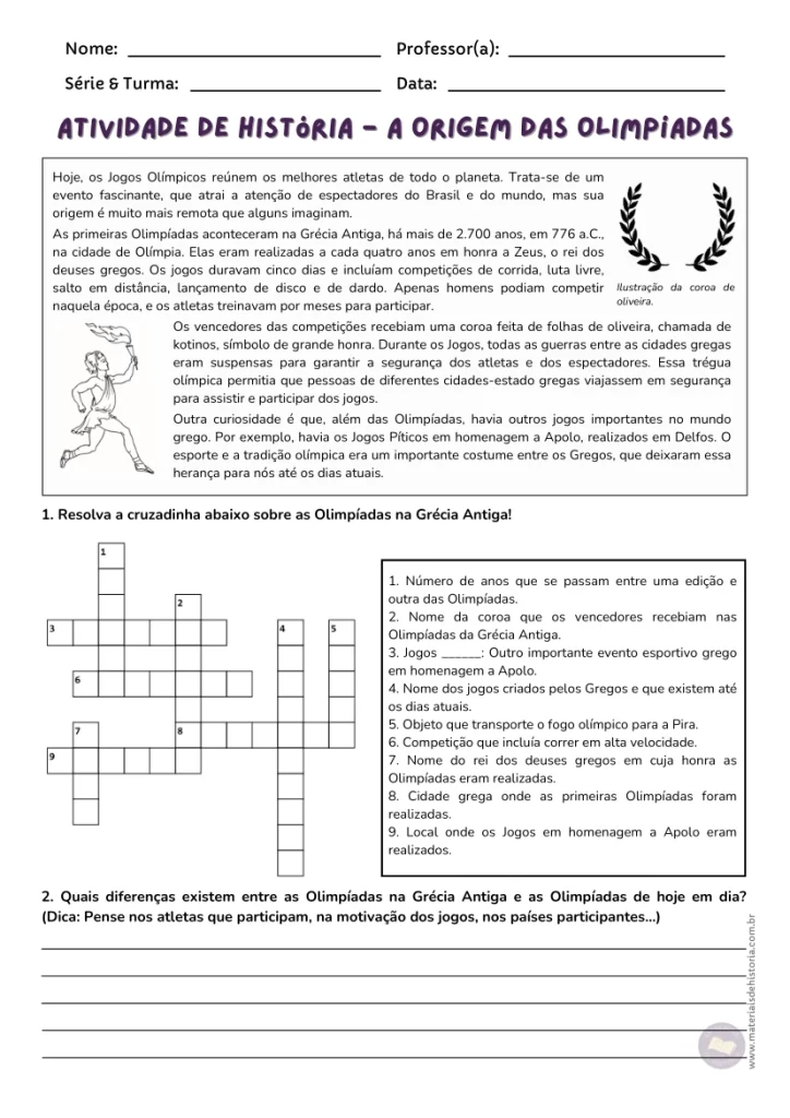 Atividade sobre a história das Olimpíadas e a Grécia Antiga.