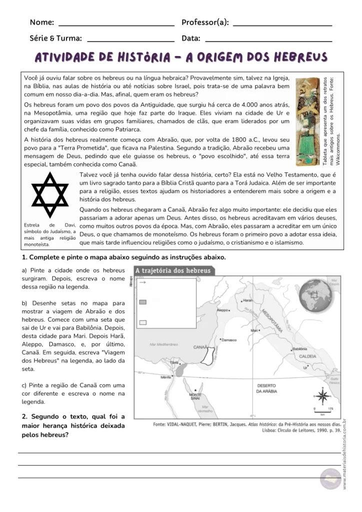 Atividade de história sobre a origem dos antigos hebreus (6 e 5 ano)