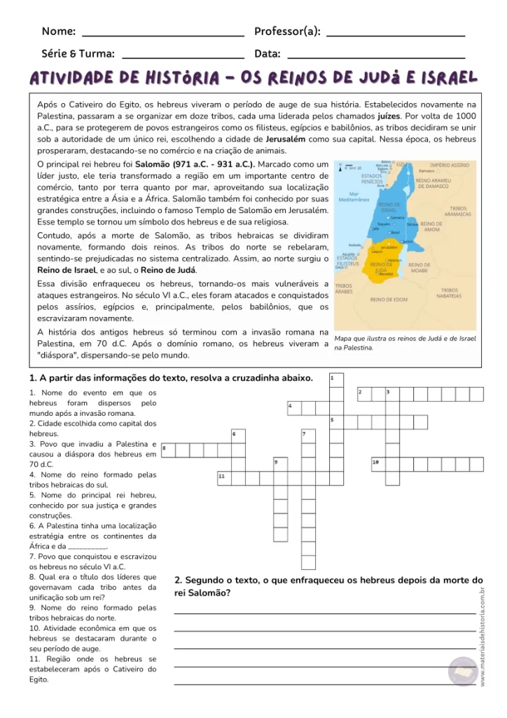 Atividade de história para anos iniciais e finais sobre os hebreus.