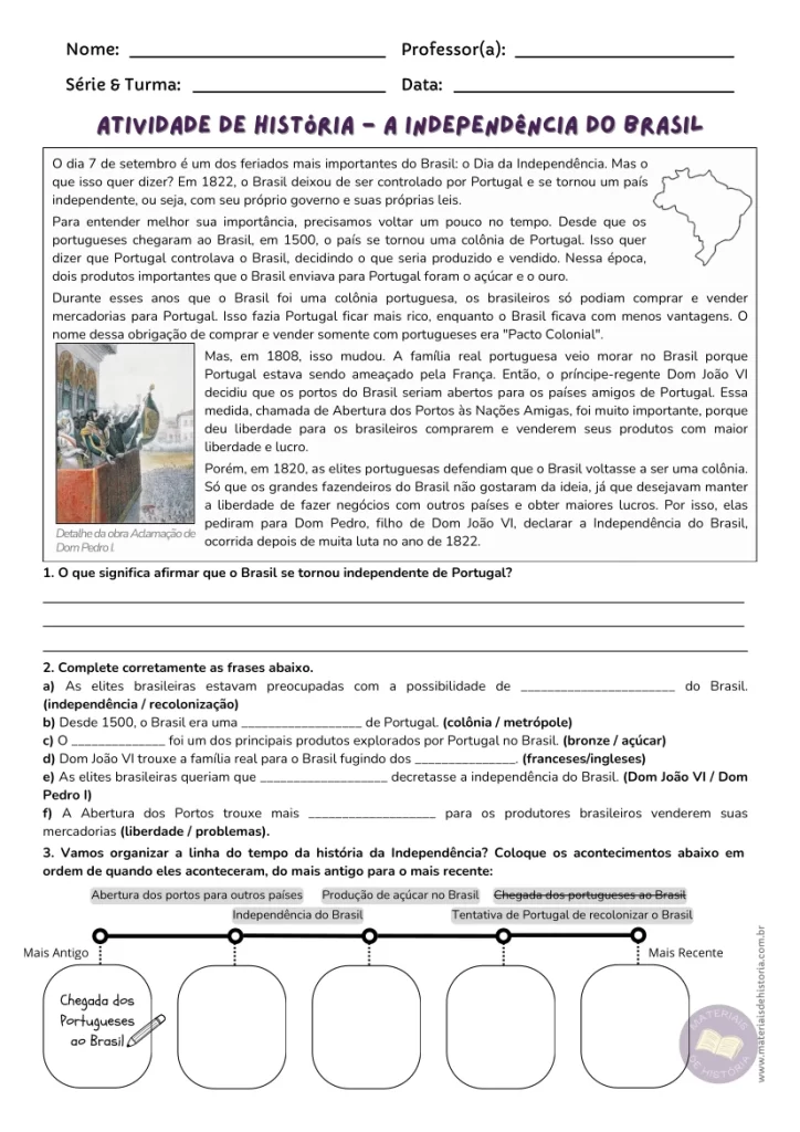 Atividade sobre a Independência do Brasil para quintos anos e anos finais.