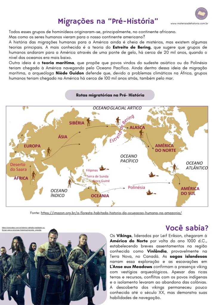 Atividade sobre a Pré-História que aborda as características dos hominídeos, as migrações humanas e as teorias do povoamento da América.