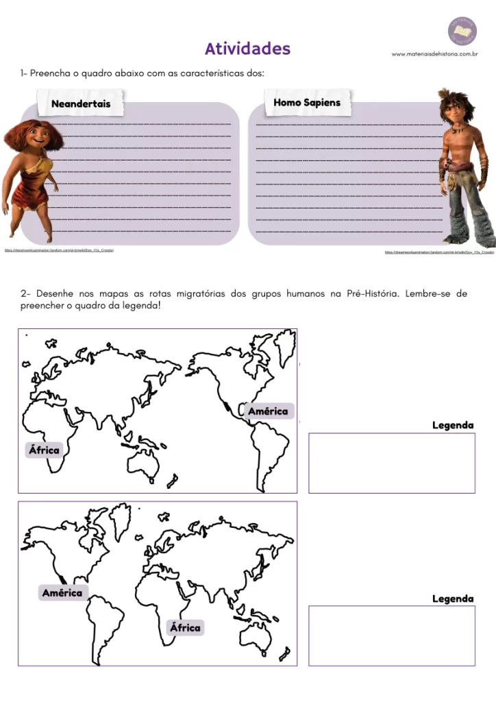 Atividade sobre a Pré-História que aborda as características dos hominídeos, as migrações humanas e as teorias do povoamento da América.