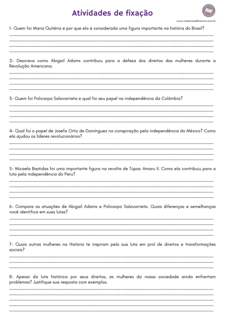 Atividade sobre Independência da América Espanhola e dos Estados Unidos EF08HI08 EF08HI10 EF08HI11 EF08HI13.