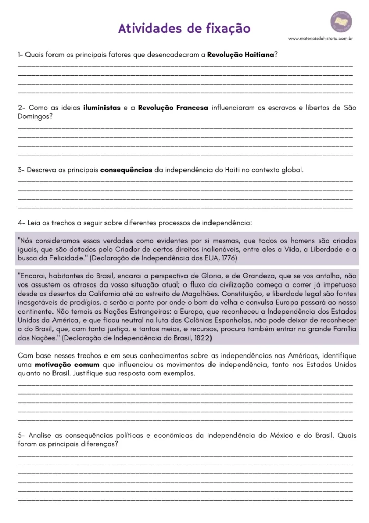 Atividade sobre as Independências da Américas. EF08HI08 EF08HI10 EF08HI11 EF08HI13