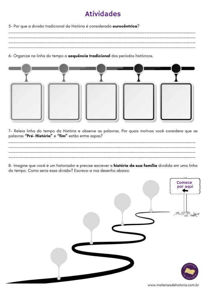 Folha de atividades para sexto ano sobre EF06HI01 tempo histórico