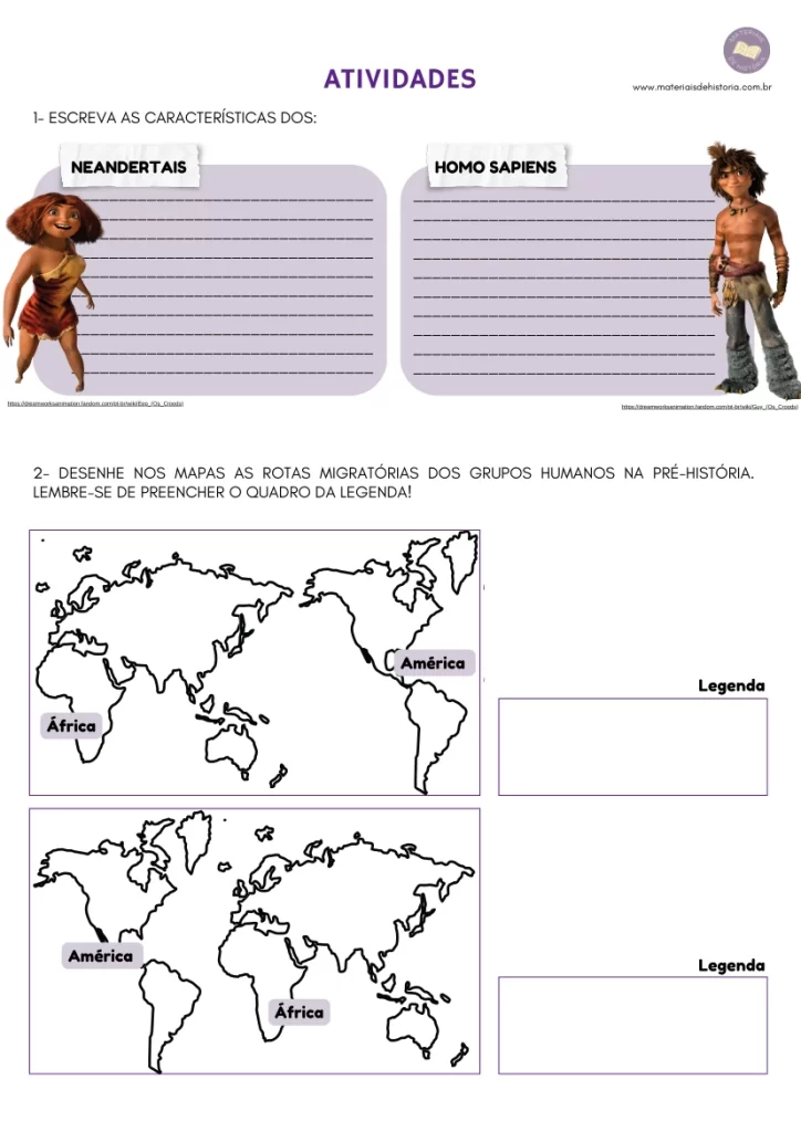 Atividade Adaptada sobre a Pré-História que aborda as características dos hominídeos, as migrações humanas e as teorias do povoamento da América.