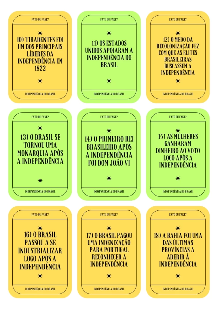 Cartas da atividade fato ou fake sobre a Independência.