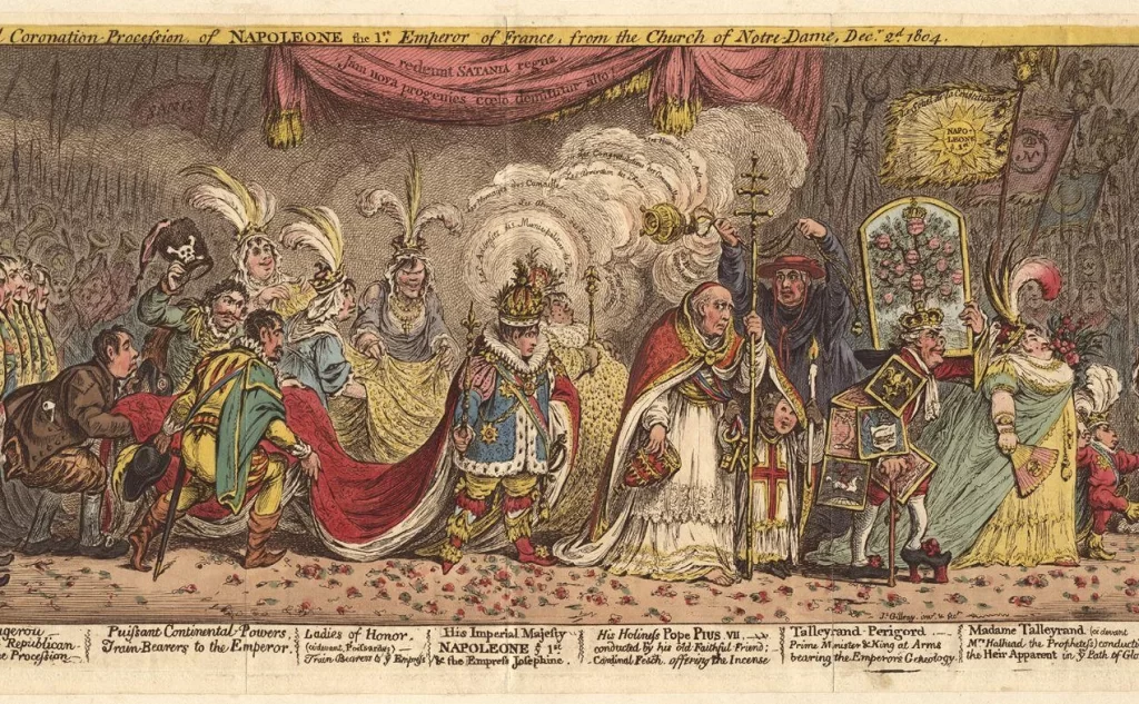 Detalhe da obra “A grande procissão de coroação de Napoleão”, por James Gillray, 1805.