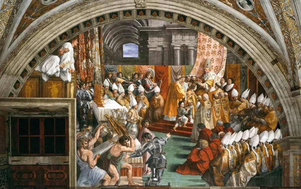 Obra “A Coroação de Carlos Magno”, de 1517, por Rafael Sanzio.