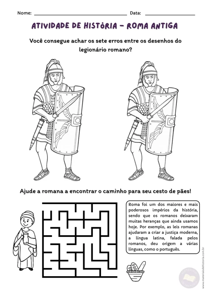 Uma das atividades adaptadas sobre Roma Antiga - 7 erros e labirinto.