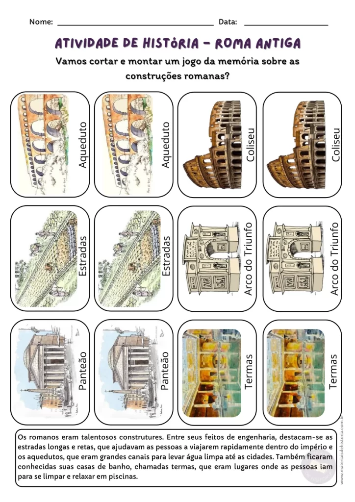 Uma das atividades adaptadas sobre Roma Antiga - Jogo da Memória.