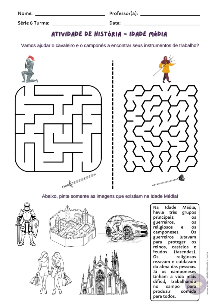 Atividades Adaptadas sobre Idade Média, feudalismo e período medieval - folha 5 - história 6 ano