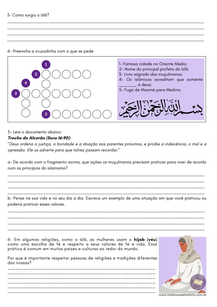 Atividade sobre islamismo e império árabe 6º ano