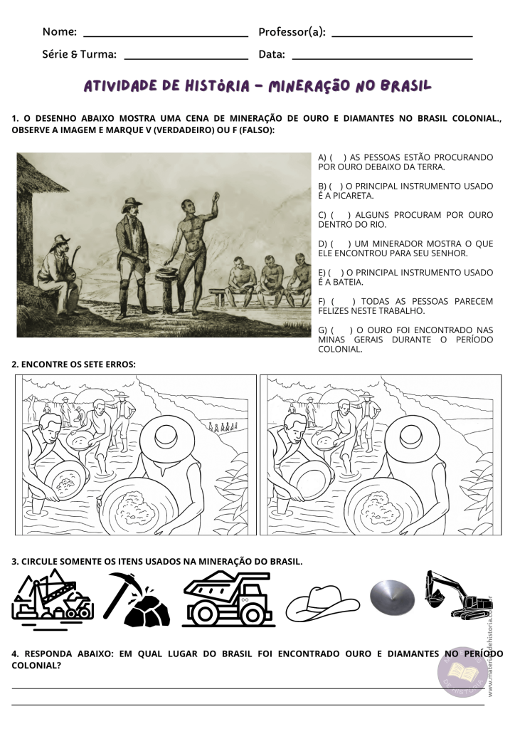 Página de atividade sobre mineração no Brasil Colonial.