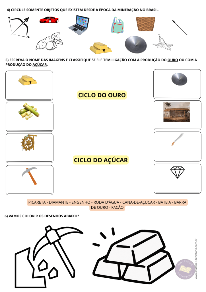 Página 2 das atividades adaptadas sobre o Ciclo do Ouro no Brasil Colônia.