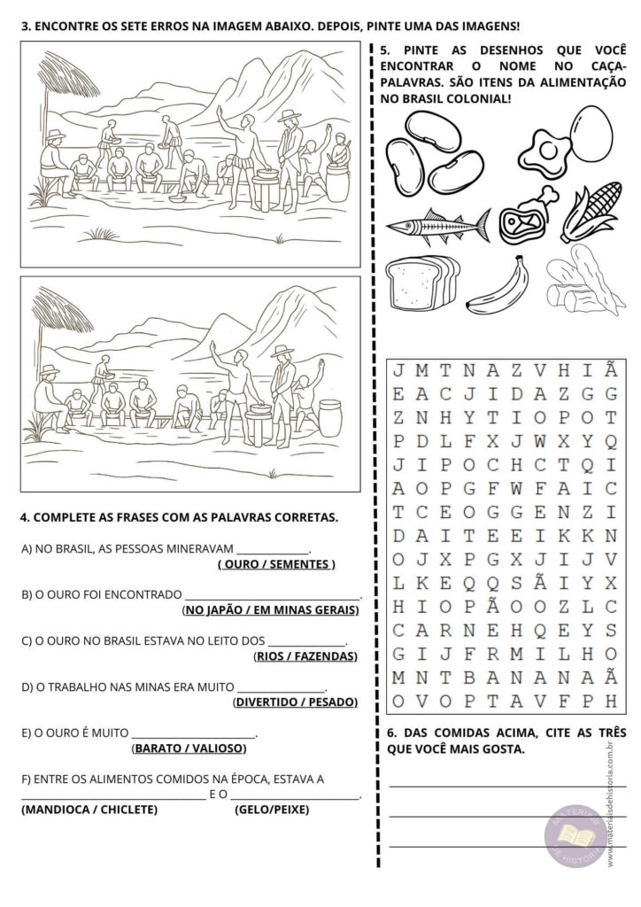 Página de atividade adaptada sobre o Ciclo do Ouro no Brasil Colonial.