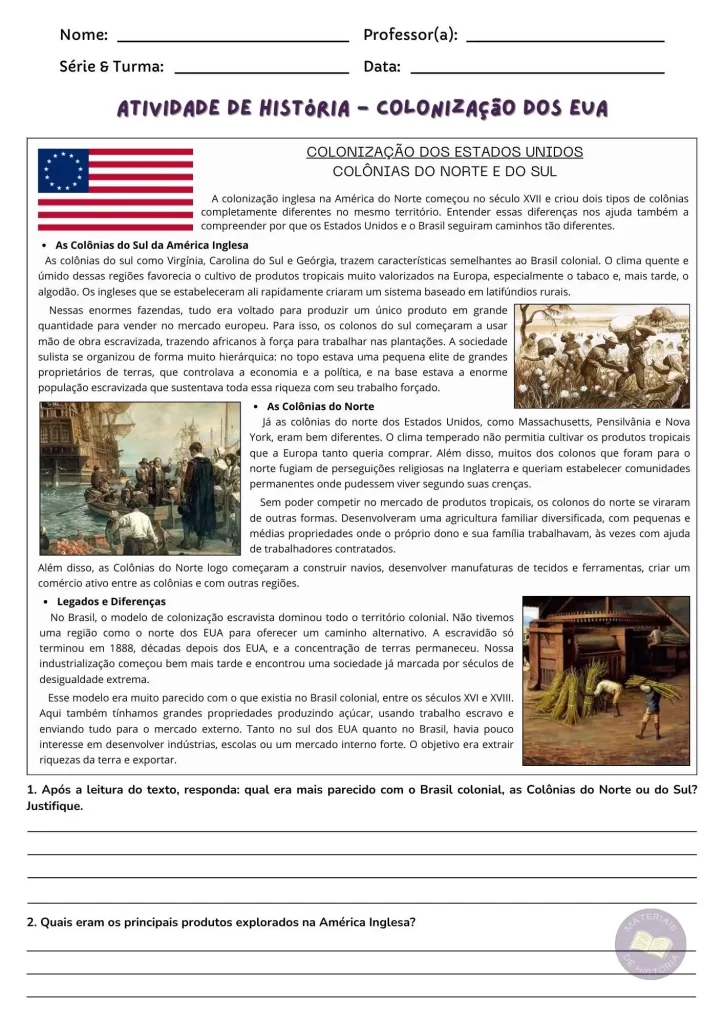 Página da atividade sobre a Colonização Inglesa da América.