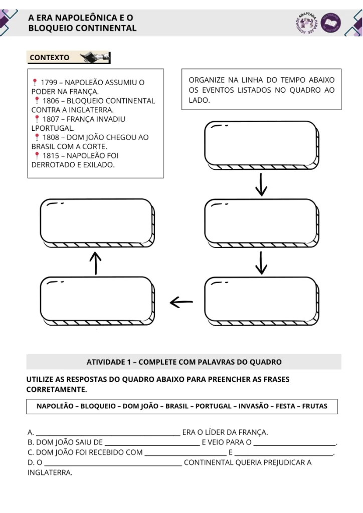 Folha de atividades adaptadas sobre Era Napoleônica.